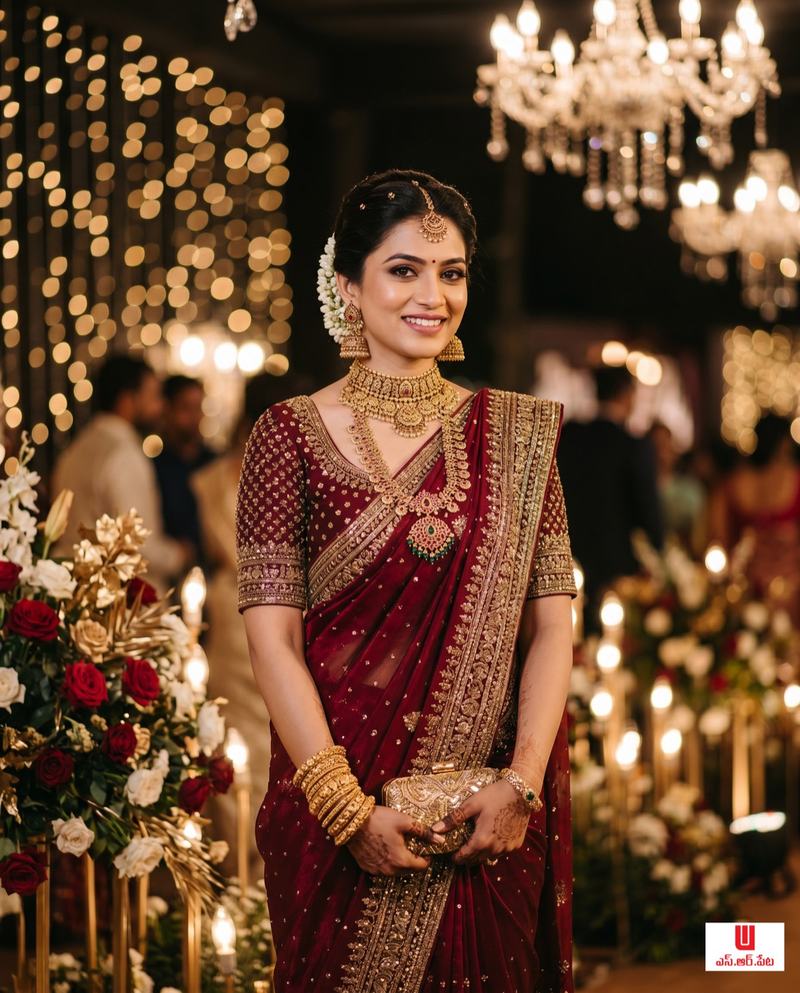 Woman in a rich pattu silk saree with traditional gold jewellery, worn for a Telugu family function